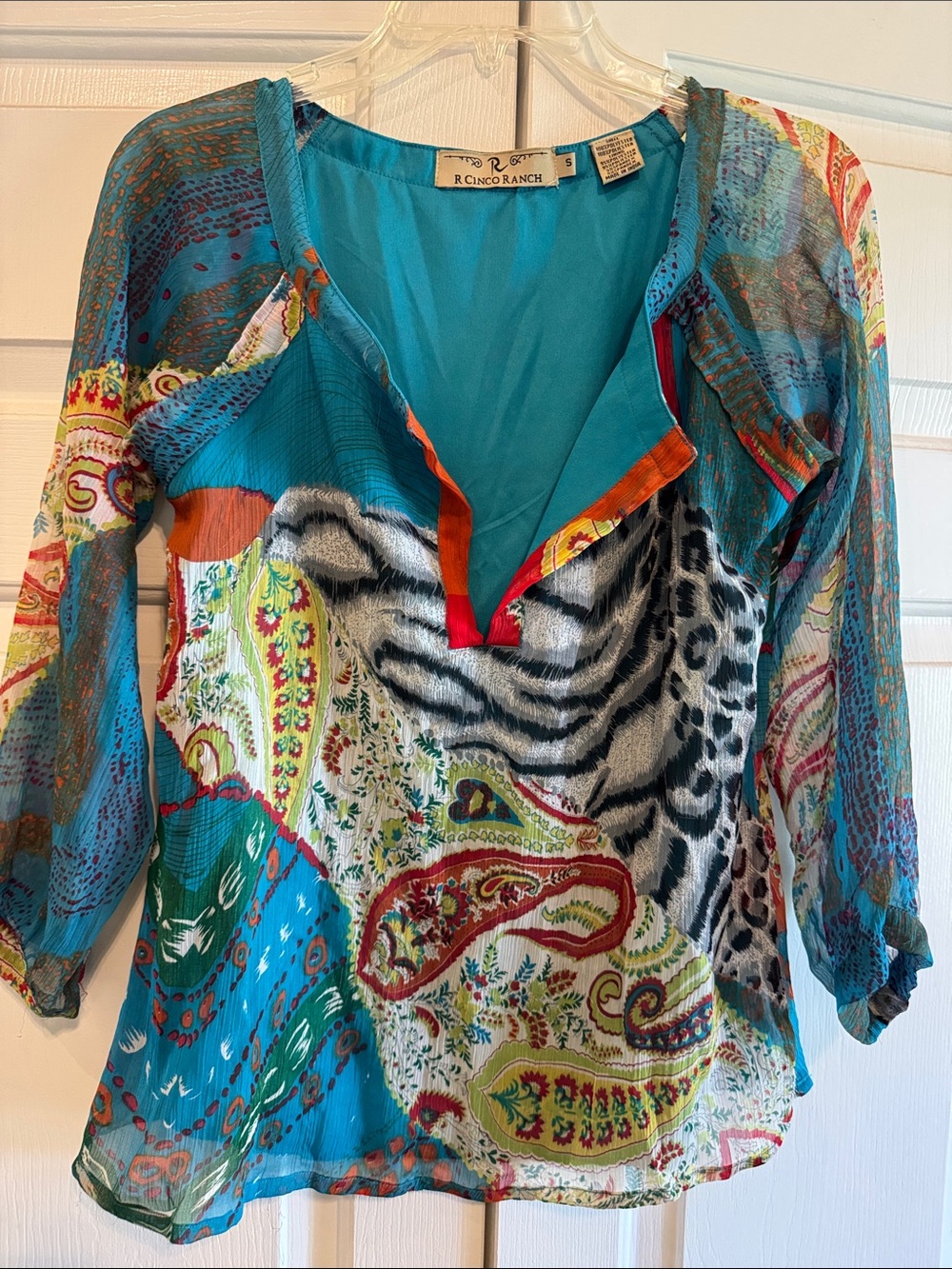 R Cinco Ranch Sheer-Lined Multi-Color Polyester Blouse/Top/Shirt Size Small